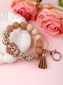 Cute Dog Keychain Wristlet, Silicone Bead Wrist Key Ring & Pom Pom Puppy Bag Charm, Leopard Paw Print Tassel Key Holder For Women - 2924 - View 5