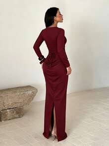 1pc Solid Color Elegant Sexy Knit Fabric Asymmetrical Dress For Party, Formal Dinner, Beach, Back To School, Bachelorette Party, Summer - Burgundy - View 6