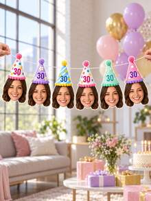 8/16/24pc Custom Face Photo & Text Birthday Banner, Personalized Portrait Cutout Bunting Garland With Number Party Hat, Milestone Birthday Party Decor,Photograph Backdrop - Multicolor - View 5