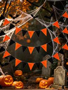 36pcs Black & Orange Triangle Fabric Bunting Flags, Suitable For Weddings, Theme Parties And Indoor/Outdoor Halloween Home Decor - Multicolor - View 3