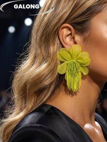Petal Beaded Earrings, Fresh Tassel Dangle Earrings, Fairy Style Earrings For Spring/Summer, Handmade Boho Earrings For Photo Shooting - Lime Green - View 8