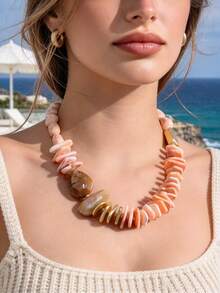 1pc Vintage Luxury Style Faux Shell Pink Tone Asymmetrical Crushed Stone Beaded Necklace For Women, Evening Party, Daily Commute - X-1917 - View 4