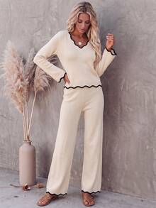 Live To Mo Women's V‑Neck Contrast Scallop Trim Sweater 2‑Piece Outfit,Long Sleeve Top & Wide‑Leg Knit Pants,Casual Suit For Fall Daily & Commute Wear - Light Apricot - View 1