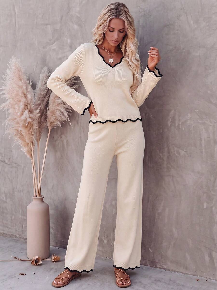 Live To Mo Women's V‑Neck Contrast Scallop Trim Sweater 2‑Piece Outfit,Long Sleeve Top & Wide‑Leg Knit Pants,Casual Suit For Fall Daily & Commute Wear - Light Apricot - View 1