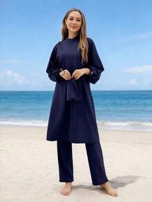 VFJ 3pcs/Set Women Full Coverage Long Sleeve Modest Swimwear Set, Including Swimwear & Swim Cap, Suitable For Beach Wear Vacation Summer - Royal Blue - View 2