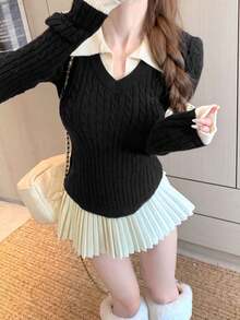 Women's Sweet & Modest Dark Color Block V-Neck Apricot Sweater, Autumn/Winter - Black - View 2