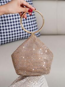 鑲鑽裝飾晚宴包，不對稱手提包，Mine Bag，派對精緻圓柄手提包，手機包，口紅包，時尚歐美女款包 - 香檳色 - 查看 5