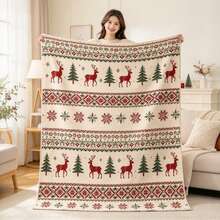 1PC Vintage Nordic Christmas Blanket, Reindeer Pine Tree Knitted Throw Blanket, Holiday Decorative Cover For Sofa Couch - Multicolor - View 2
