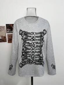 Korean Style Casual Personalized Lace-Up Floral Print Long Sleeve Top Women Autumn/Winter Loose Fit Flattering Drop Shoulder Round Neck Long Length Blouse - Light Grey - View 6