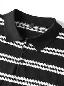 Men's Autumn/Winter Fashion Versatile Striped Casual Turn-Down Collar Long Sleeve Sweater Suitable For Daily Wear - Black - View 7