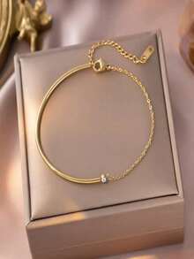 1pc Stainless Steel Round Rhinestone Women's Chain Bracelet, Creative Design, Simple & Personalized, Fashionable, Suitable For Valentine's Day, Thanksgiving, Christmas Gifts, Daily Commute, Party, Holiday Wear, Affordable Gift Choice (OPP Bag Packaging, Box For Photo Only) - Yellow Gold - View 1