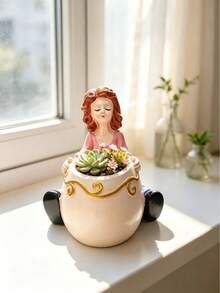 Cute Resin Girl Hugging Pot Succulent Planter, Creative Character Flower Pot, Indoor Window Sill Desktop Garden Decor Gift - A - View 5