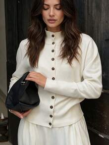 Live To Mo Women's Casual Elegant White Knitted Cardigan Simple Long Sleeve Sweater Coat Suitable For Fall Back To School Season Daily Business Top - White - View 10