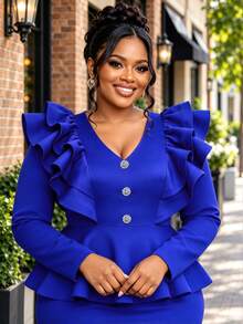 Gaun Midi Peplum Lengan Panjang Warna Biru Royal Elegan Ukuran Plus, Leher V, Bahu Berumbai Bertingkat, Kancing Berlian Imitasi, Gaun Formal untuk Pesta Gereja - Biru - View 2