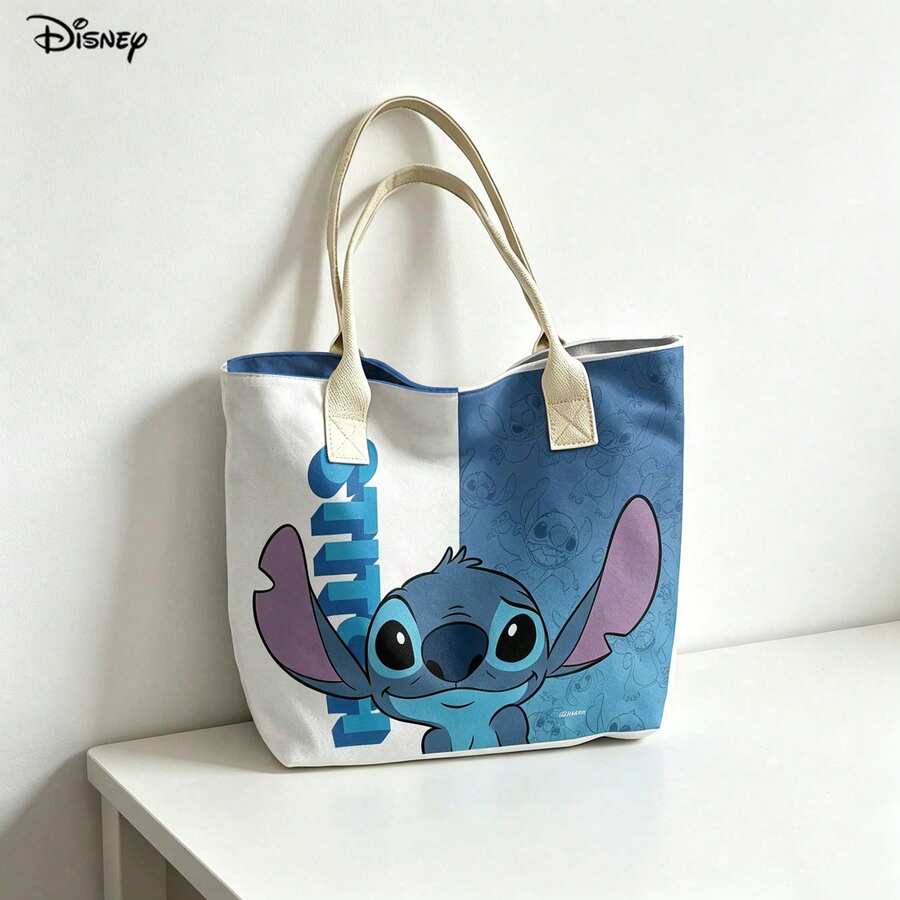 Miniso Disney Stitch Color-Block White Blue Canvas Tote Bag, Casual Shoulder Bag With Handles For Daily Use - White - View 1