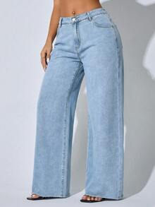 Plus Size Washed Blue High Waist Frayed Hem Wide Leg Jeans, Casual Y2K Autumn/Winter Style, Suitable For Moms, Autumn Fashion Essential - Blue - View 6
