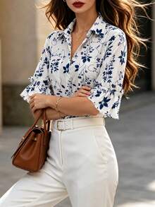 SwallowLucky Women's New Floral Print Vacation Shirt, Comfortable Casual Top, Suitable For Daily, Home And Beach Wear - Black and White - View 4