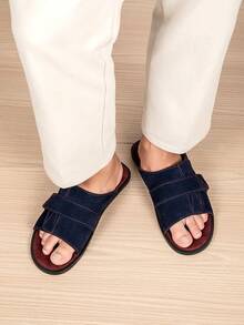 Vintage Men's Outdoor Slippers With Cross-Strap Hook And Loop Design, Easy On/Off, Soft Fleece Lining, Foot Protection, Minimalist Style, Versatile For Daily Commute And Casual Wear - Blue-red - View 6