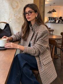 女款秋冬西裝外套，法式優雅千鳥格印花加厚不對稱開襟正裝大衣，都市現代時尚通勤長袖翻領西裝 - 巧克力棕 - 查看 3