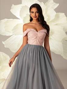 VIPGIRL Elegant Off-Shoulder Contrast Mesh Evening Gown - Grey - View 8