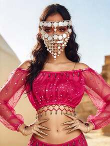 Sequin Off Shoulder Sheer Mesh Crop Top Tassel Hem, Coin Chain Metal Face Veil Covering, Coin Face Jewelry Performance Wear, Multi-Color Available - Multicolor - View 11