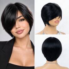 Short Straight Pixie Cut Wig 100% Human Hair Remy Brazilian Hair Women's Elastic Mesh Cap Full Machine Woven Black Ready To Wear Suitable For Vacation, Party, Daily Wear - Natural Black - View 6