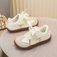 1 Pair Girls' Colorblock Embroidered Lace Bow Casual Campus Style Sneakers, All-Season Outdoor Daily Wear Flat Shoes - Beige - View 3