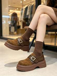 Women's Thick Sole Preppy Style Buckle & Hook And Loop Loafers - Brown - View 1