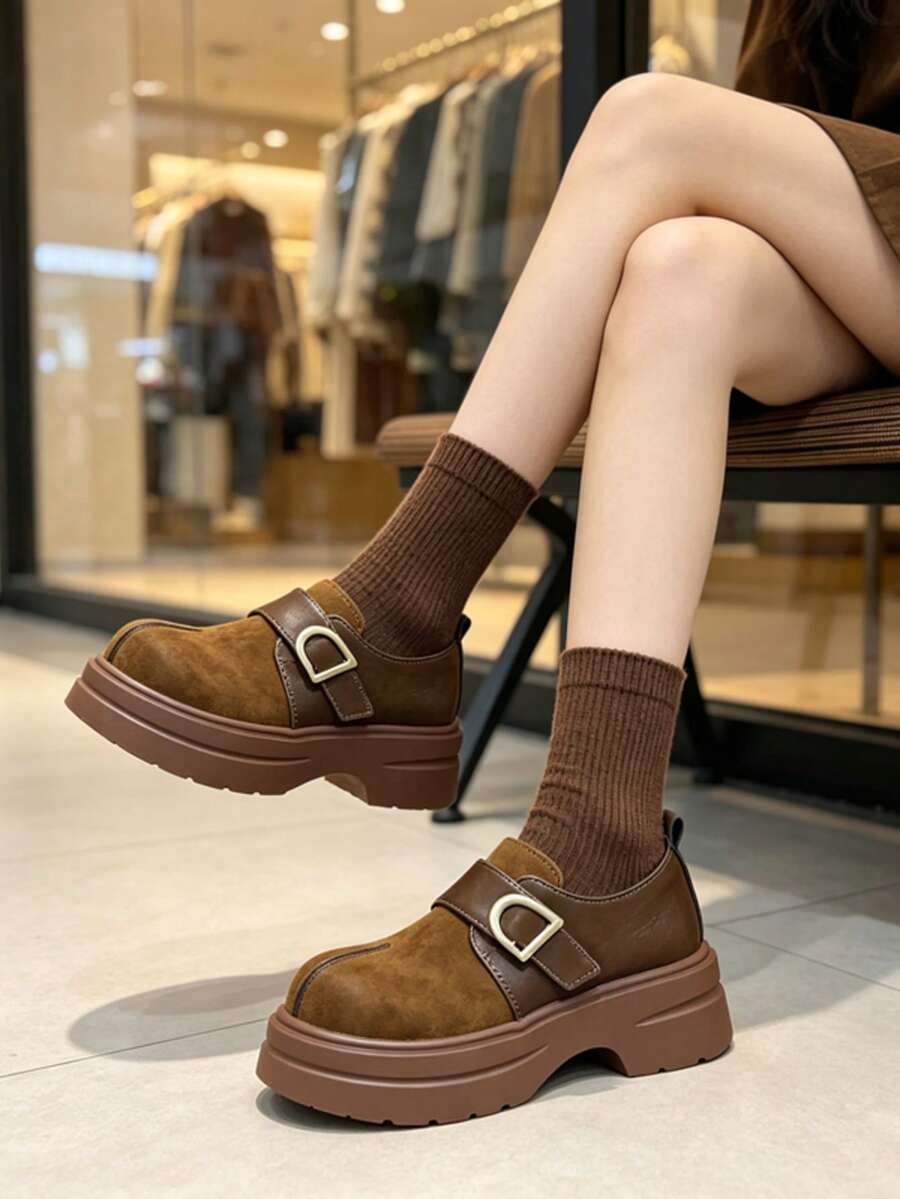 Women's Thick Sole Preppy Style Buckle & Hook And Loop Loafers - Brown - View 1