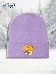1pc Unisex Cat & Chicken Nugget Print Knitted Beanie, Soft Warm Comfortable Minimalist Knitted Hat, Hip Hop Rapper Style Brimless Cap, Versatile Fashion Hat For Daily Wear, Party, Commute, Sports, Hiking, Travel - A - View 6