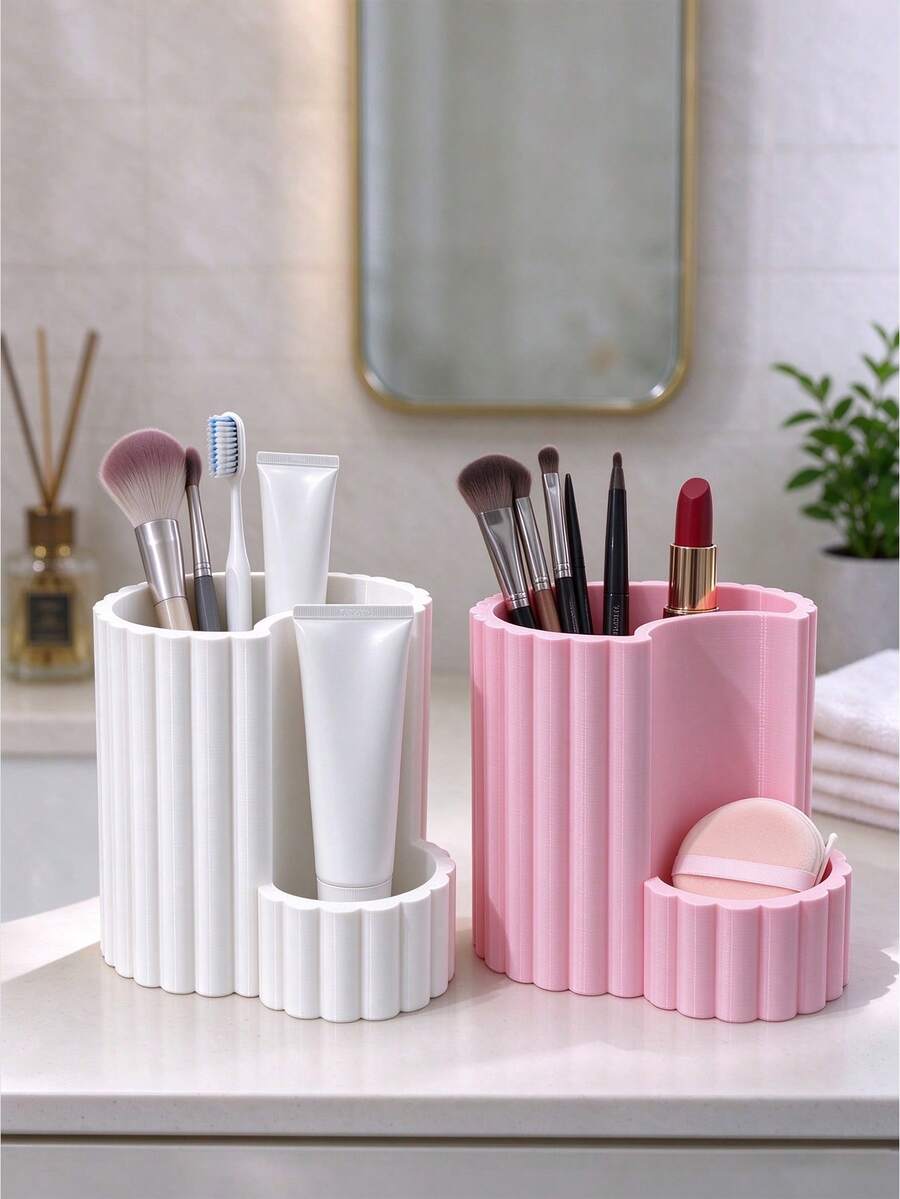 Vertical Striped Dual-Compartment Bathroom Storage Box, Divided Toothpaste And Toothbrush Holder, Makeup Brush Organizer, Desktop Decorative Storage Rack, Suitable For Bedroom Vanity And Office Desk, Store Stationery And Cosmetics, Back To School Supplies, Desktop Decorative Ornament, Holiday Gift
