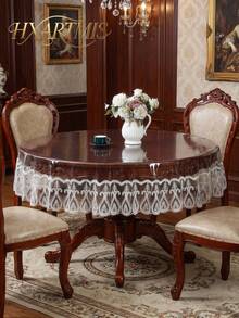 1pc Transparent PVC Round Tablecloth With White Floral Lace Trim, Suitable For Home, Kitchen, Party, Wedding Decoration - Off-white - View 1