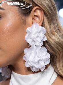 [Blooming Orange-Red 3D Flower Earrings]Multi-Layer Handmade Pleated Petals | Vacation Style Eye-Catching Color Earrings | Essential For Photogenic Side Profile Fairy Look - White - View 7