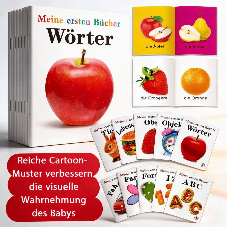 Set Of 10 Colorful German First Learning Picture Books, Multi-Theme Animals Food Vehicles Vocabulary Books For Home Reading & Daily Practice, Educational Gift For Early Language Learning - Multicolor - View 1