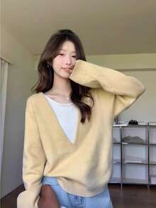 Women's Colorblock 2 In 1 Knit Sweater, French Elegant Gentle Elegant Round Neck Pullover - Yellow - View 6
