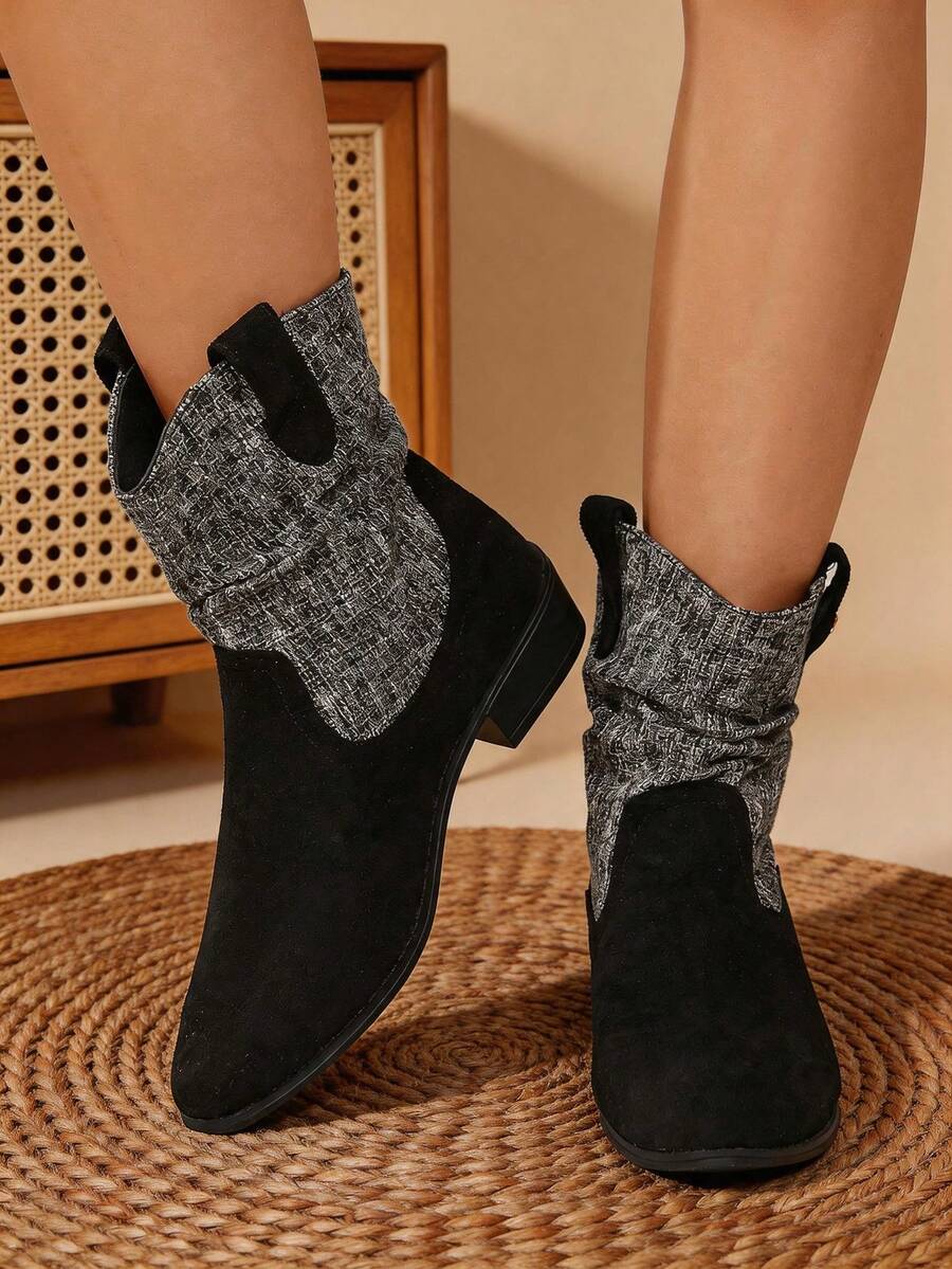 1 Pair Women's Black & Grey Patchwork Fashion Design Pointed Toe Chunky Heel Ankle Boots With Slouchy Sock Detail - Black - View 1