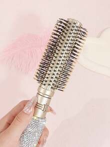 1pc Round Barrel Brush, High-Value Shiny Artificial Rhinestone Decorated, For Curly Hair Styling And Volumizing, Travel Portable Home Hair Comb, Exquisite Gift - Silver - View 5