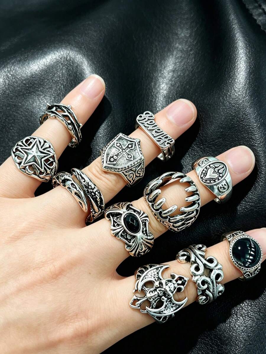 Personalized Men's Ring Set, Gothic Style Multi-Piece Unisex Finger Rings, Party Holiday Daily Wear Finger Accessories, Fashion Jewelry Gift, Suitable For Men And Women - Silver - View 1