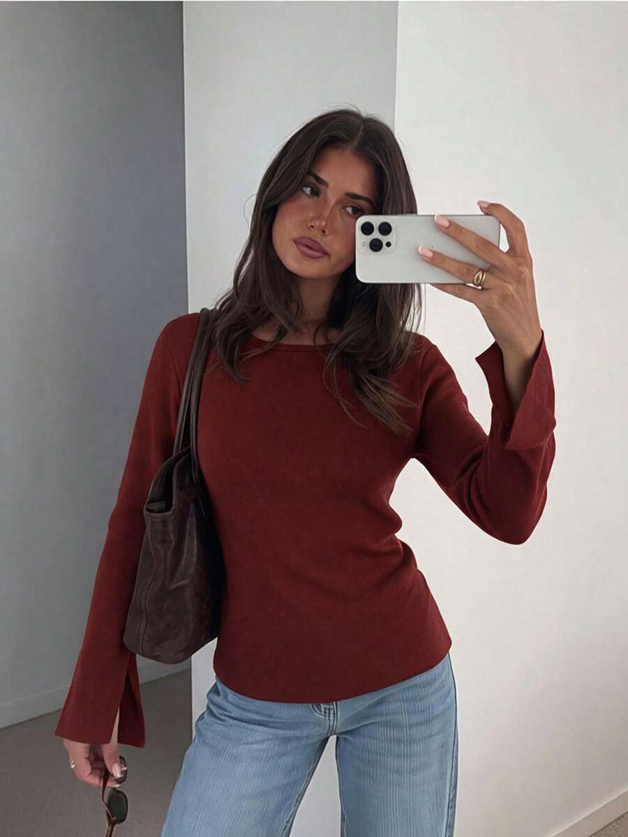 FOR BEAUTY Women's Slim Fit Round Neck Fine Ribbed Knit Burgundy Long Sleeve Pullover Sweater, Autumn/Winter, Y2K Casual Street Style