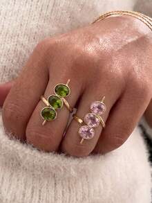 1pc Gold Plated Open Ring, 3 Oval Colorful Zirconia Statement Ring, Adjustable Stackable Gem Ring For Women Daily Party Jewelry - Multicolor - View 4