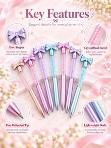 4/8pcs Crystal Bow Ballpoint Pens, Metal-Textured Bow And Glitter Bead Decoration On Top, Macaron Color Scheme Writing Pens, Suitable For School, Office And Journaling, Gift For Women And Girls - Sets - View 3
