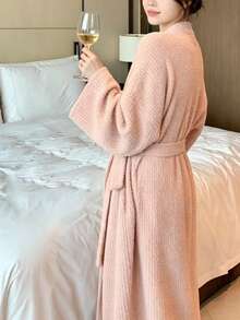 女款時尚寬鬆休閒前綁帶長款純色浴袍 - 淺粉色 - 查看 4