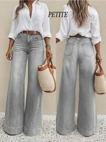 Women's Petite Washed Stretch Denim Pants, Suitable For Commuting In All Seasons, Flared Leg Jeans - Light Grey - View 3