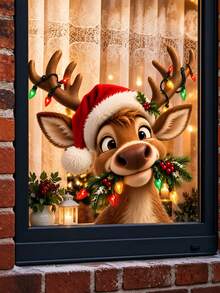 1 miếng decal tĩnh dán kính cửa sổ Giáng Sinh hình tuần lộc, hoạt hình dễ thương đội mũ Noel, nhãn dán kính tái sử dụng - phù hợp trang trí cửa sổ ngày lễ cho phòng khách, phòng ngủ tại nhà, decal tĩnh Giáng Sinh tuần lộc dễ thương với đèn màu và quả mọng đỏ, PVC, có thể tháo rời, nhãn dán trang trí kính cửa sổ - Nhiều màu - Xem 3