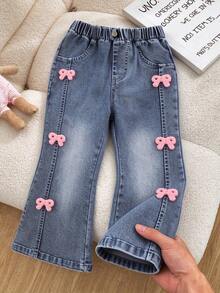 4-8 Years Old Young Girls Jeans Fashion New Cute Style Side Bow Towel Embroidery Patchwork Blue Denim Flared Long Pants - Blue - View 2