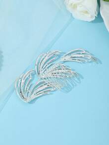 1pc Vintage Elegant Rhinestone Phoenix Tail Bridal Hair Accessory, Sparkling Crystal Leaf Hair Comb - Silver - View 5