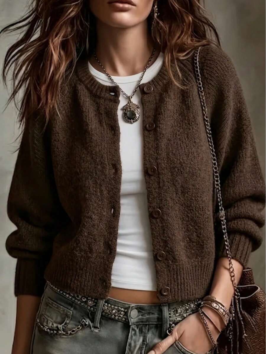 Women's Solid Color Button-Front Long Sleeve Cardigan Sweater, Loose Elegant Casual Top For Spring, Autumn, Winter, Back To School, Halloween, Mother's Day - Coffee Brown - View 1
