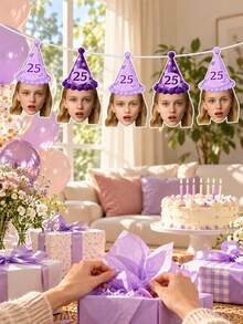 8/16/24pc Custom Photo Face Banner, 25th Birthday Purple Butterfly Party Hat Photo Bunting, Personalized Face Cutout Birthday Banner, Birthday Party Decorations, Custom Age Banner - Multicolor - View 9