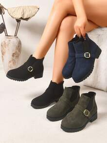 Women's Vintage Metal Square Buckle Decor Ankle Boots, Chunky Mid-Heel Thick Sole Ankle Boots For Daily Wear And Versatile Styling - Black - View 5