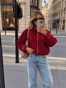 MUMRAP Women's Casual Plaid Long Sleeve Stand Collar Zipper Short Jacket - Red - View 9